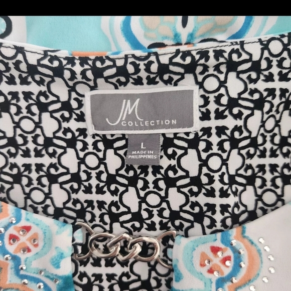JM Collection Geometric Blue Black Tunic Top Rhinestones Women Size Large New - Picture 7 of 7